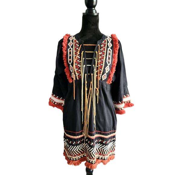 Rachel Zoe Bianca Mini Embroided Tassels Ethnic Boho Dress Size 4 - Picture 2 of 9